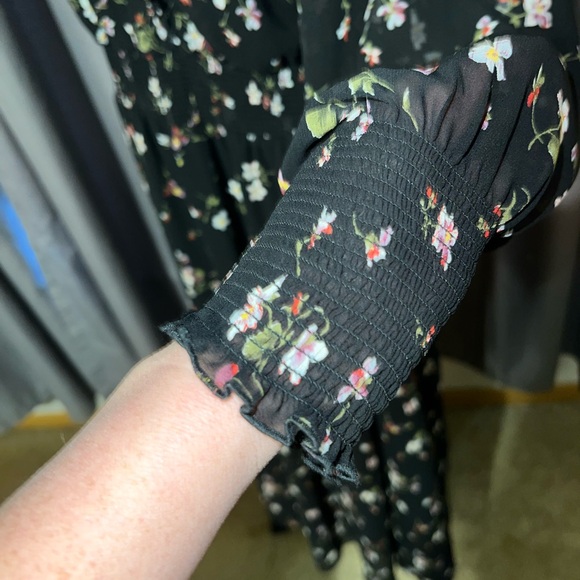 Madewell Black Floral Smocked Waist  Midi Dress/Size Large - Picture 7 of 10